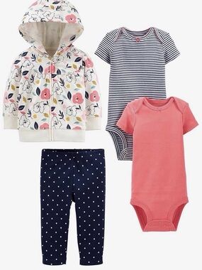 Baby Girls 4-Piece Floral Hoodie & Bodysuit Matching Set - Coral, Navy, Stripe